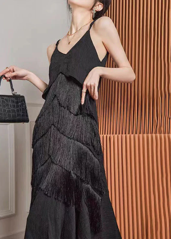 French Black Tasseled Vacation Strap Fishtail Dress Summer