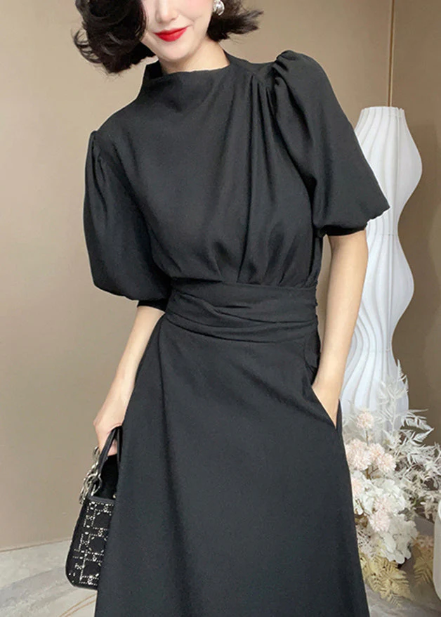 French Black Tie Waist Pockets Patchwork Cotton Dress Summer - Image 3
