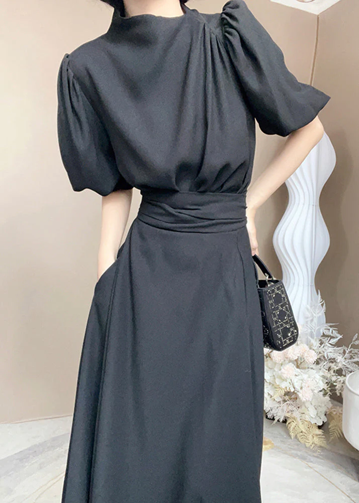 French Black Tie Waist Pockets Patchwork Cotton Dress Summer - Image 4