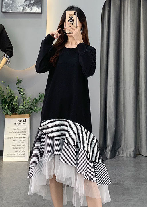 French Black Tulle Striped Patchwork Cotton Dresses Spring - Image 2
