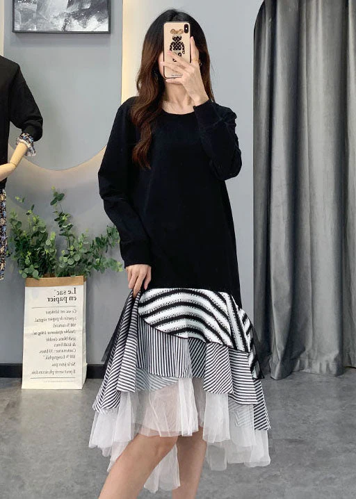 French Black Tulle Striped Patchwork Cotton Dresses Spring - Image 3