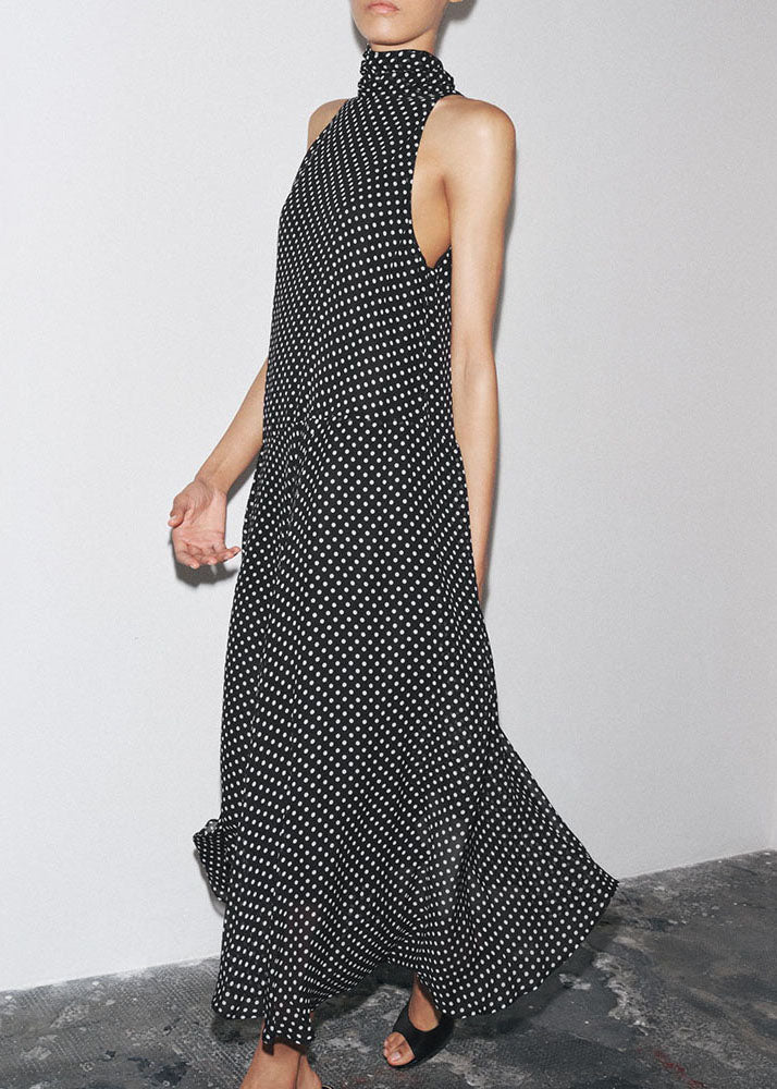 French Black Turtleneck Dot Lace Up Chiffon Long Dress Summer - Image 2