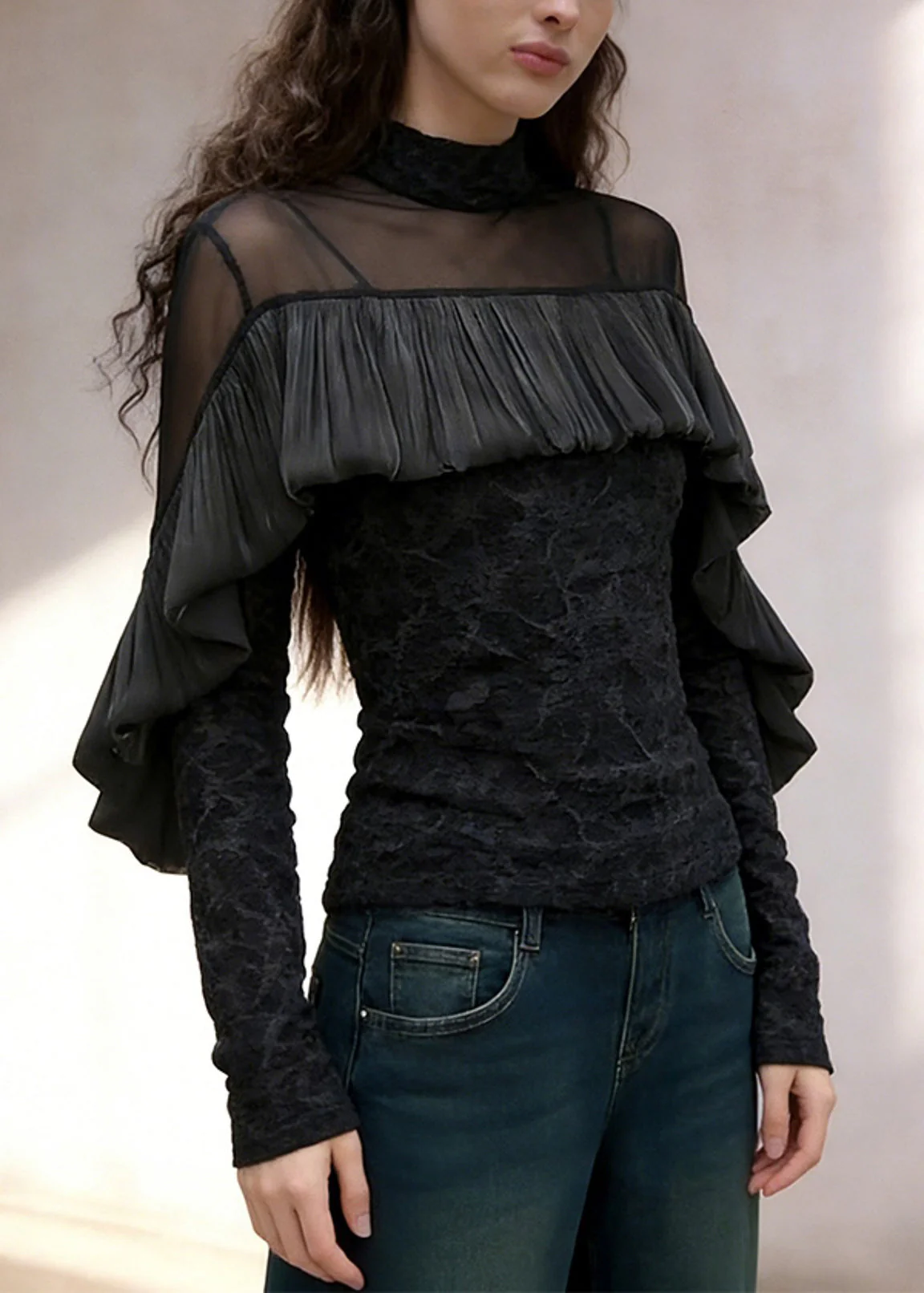 French Black Turtleneck Ruffled Tulle Patchwork T Shirt Spring - Image 2