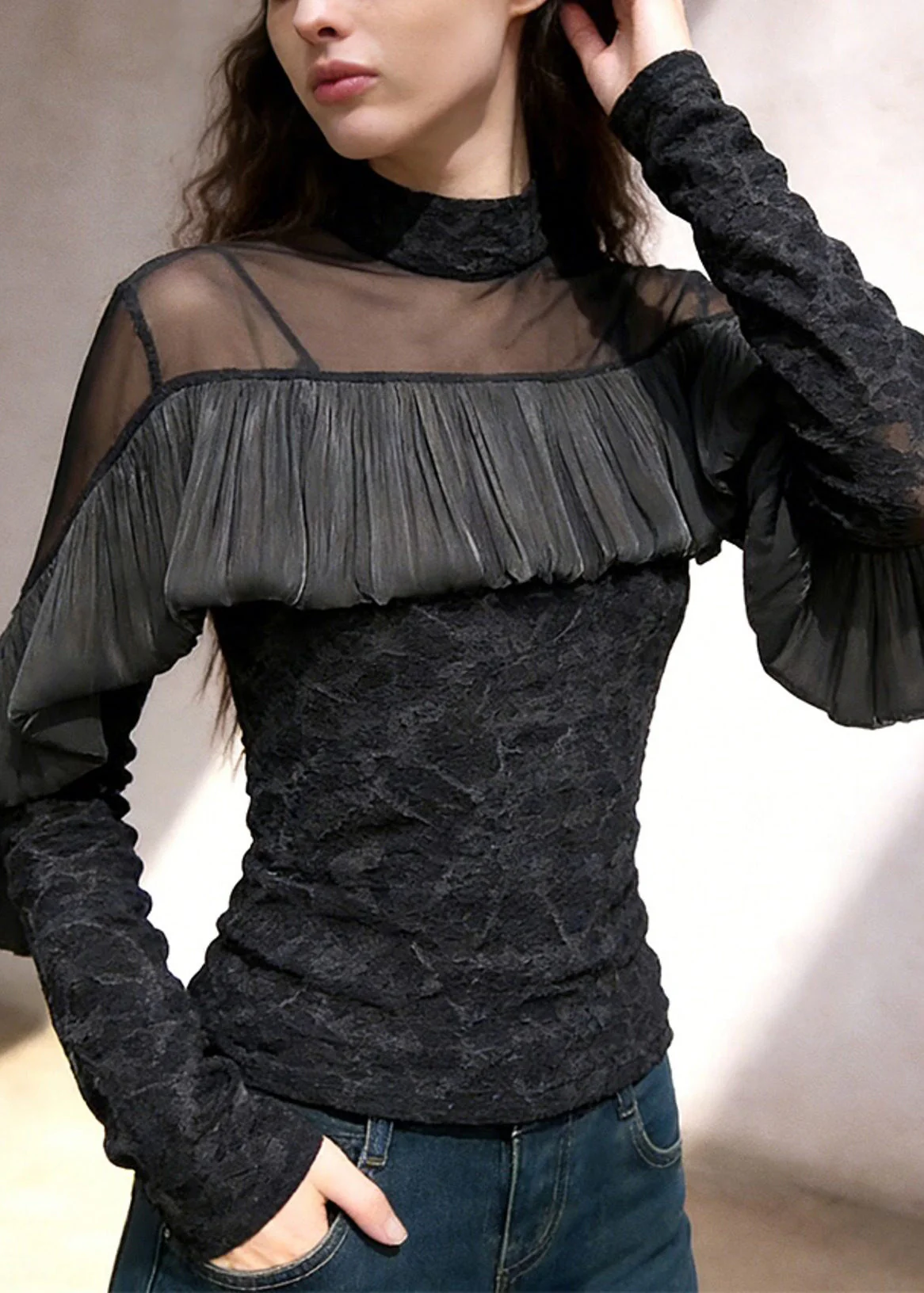 French Black Turtleneck Ruffled Tulle Patchwork T Shirt Spring - Image 3
