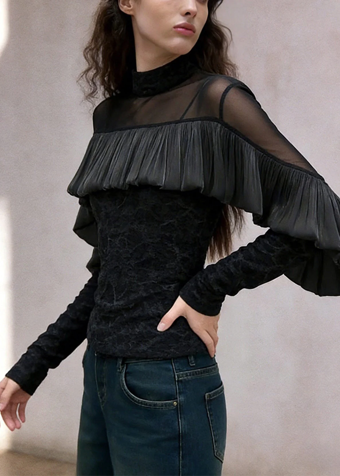 French Black Turtleneck Ruffled Tulle Patchwork T Shirt Spring - Image 4