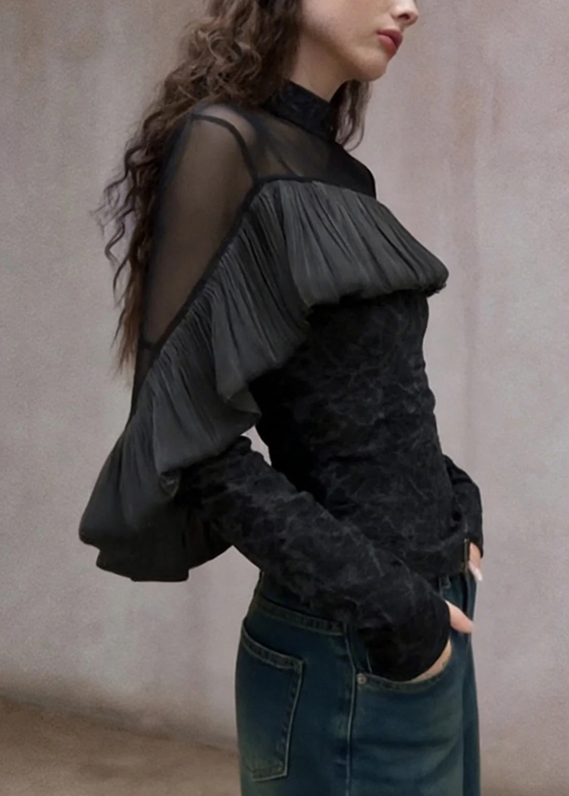 French Black Turtleneck Ruffled Tulle Patchwork T Shirt Spring - Image 5