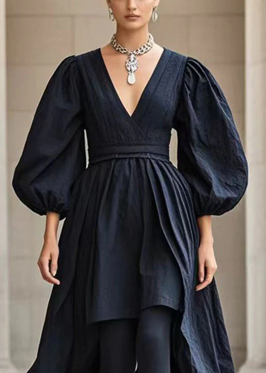 French Black V Neck Asymmetrical Cotton Dress Puff Sleeve - Image 2