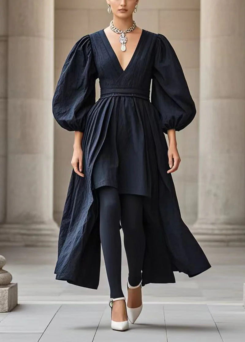 French Black V Neck Asymmetrical Cotton Dress Puff Sleeve - Image 3