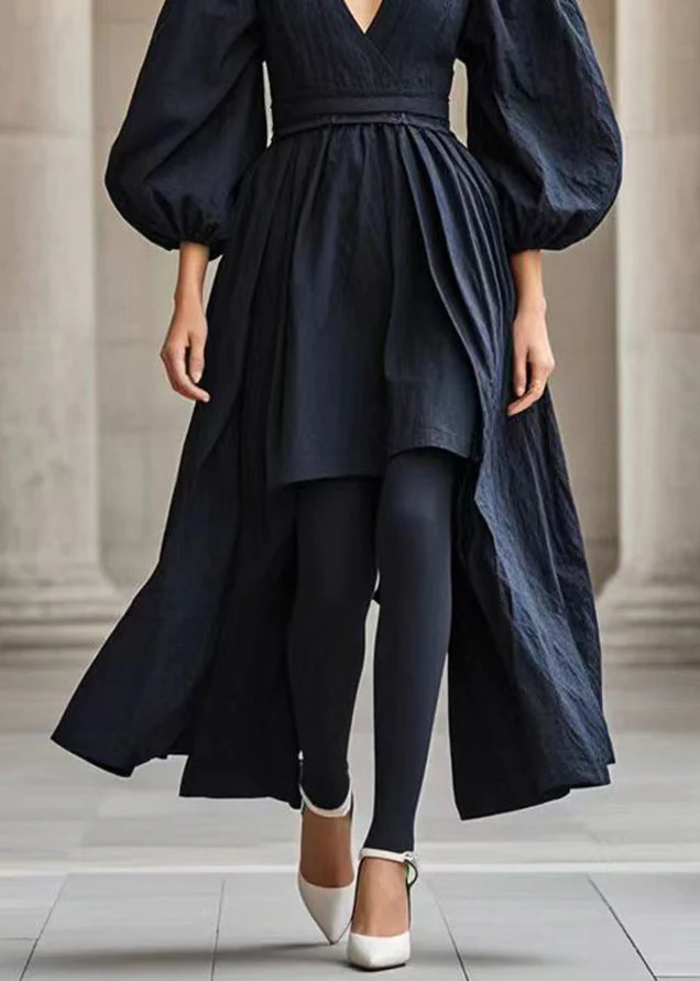 French Black V Neck Asymmetrical Cotton Dress Puff Sleeve - Image 4
