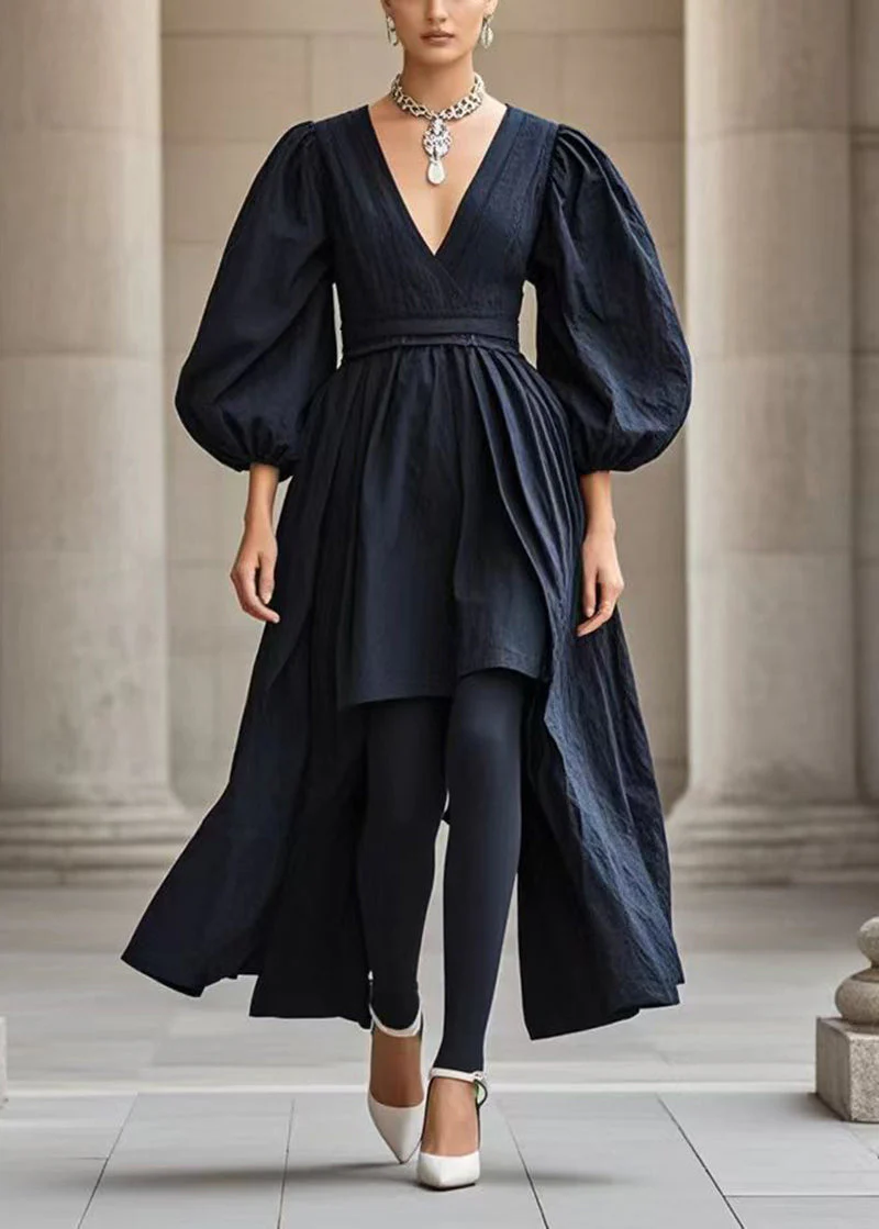 French Black V Neck Asymmetrical Cotton Dress Puff Sleeve - Image 5