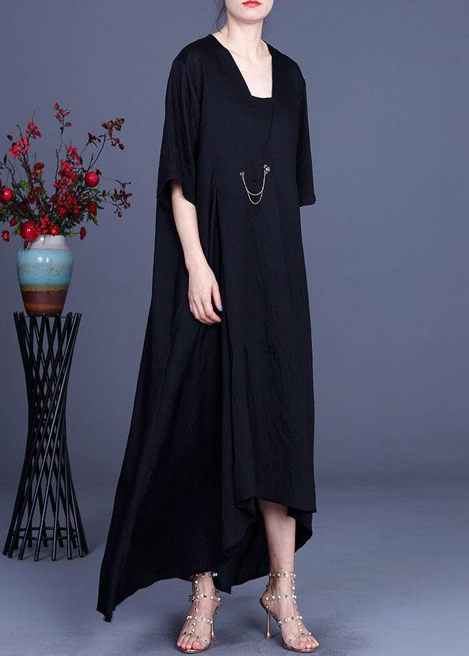 French Black V Neck asymmetrical design Dresses Summer - Image 2