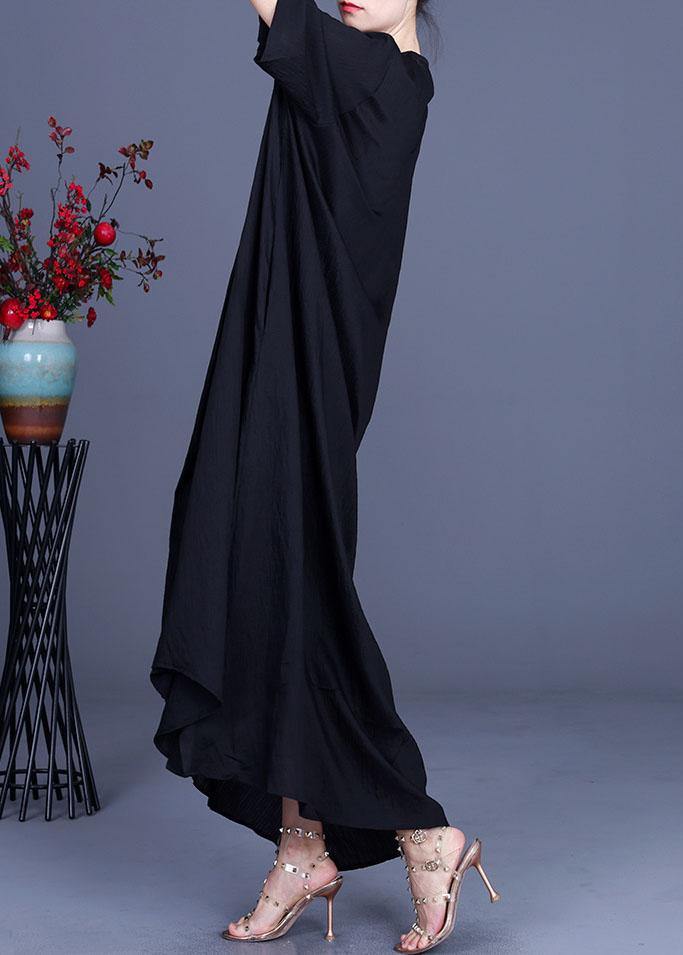 French Black V Neck asymmetrical design Dresses Summer - Image 3