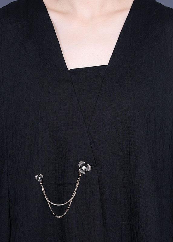 French Black V Neck asymmetrical design Dresses Summer - Image 5