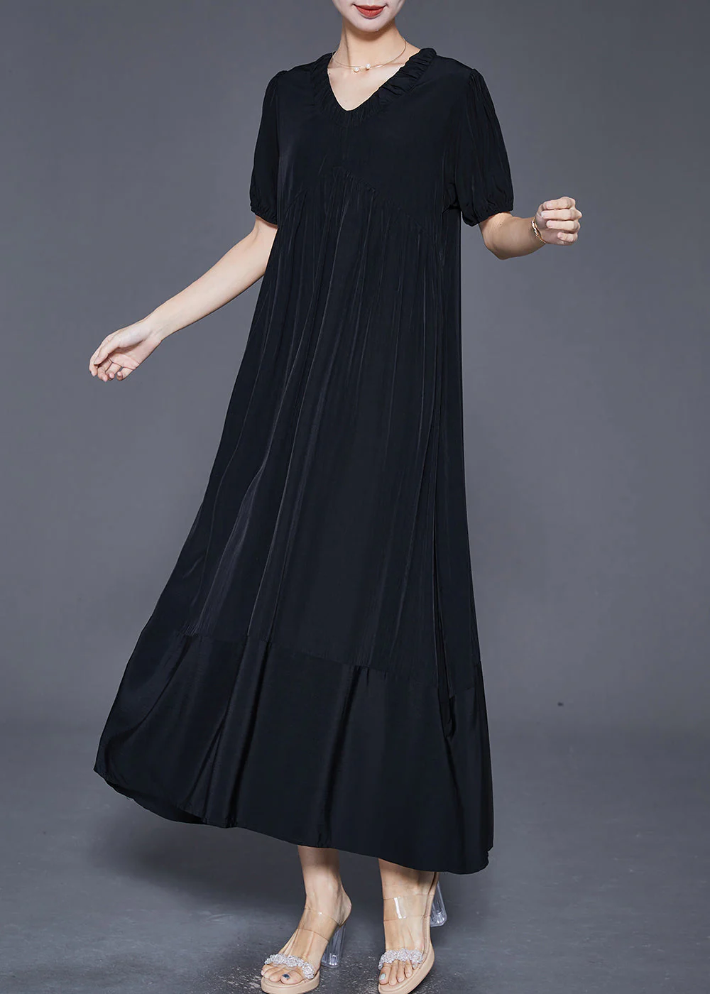 French Black V Neck Exra Large Hem Silk Ankle Dress Summer - Image 2