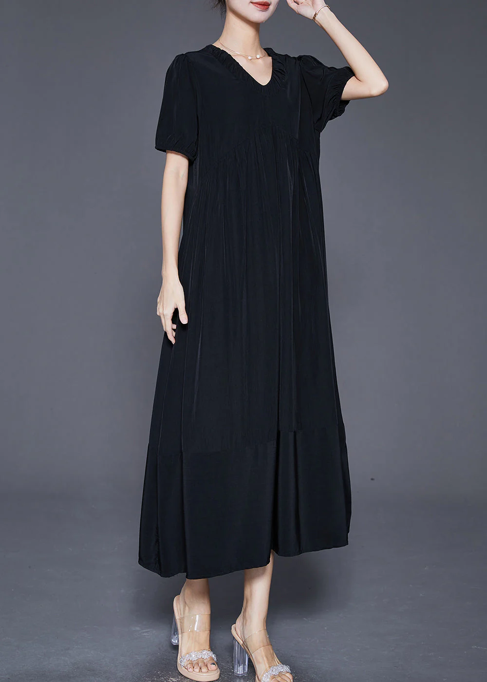 French Black V Neck Exra Large Hem Silk Ankle Dress Summer - Image 3