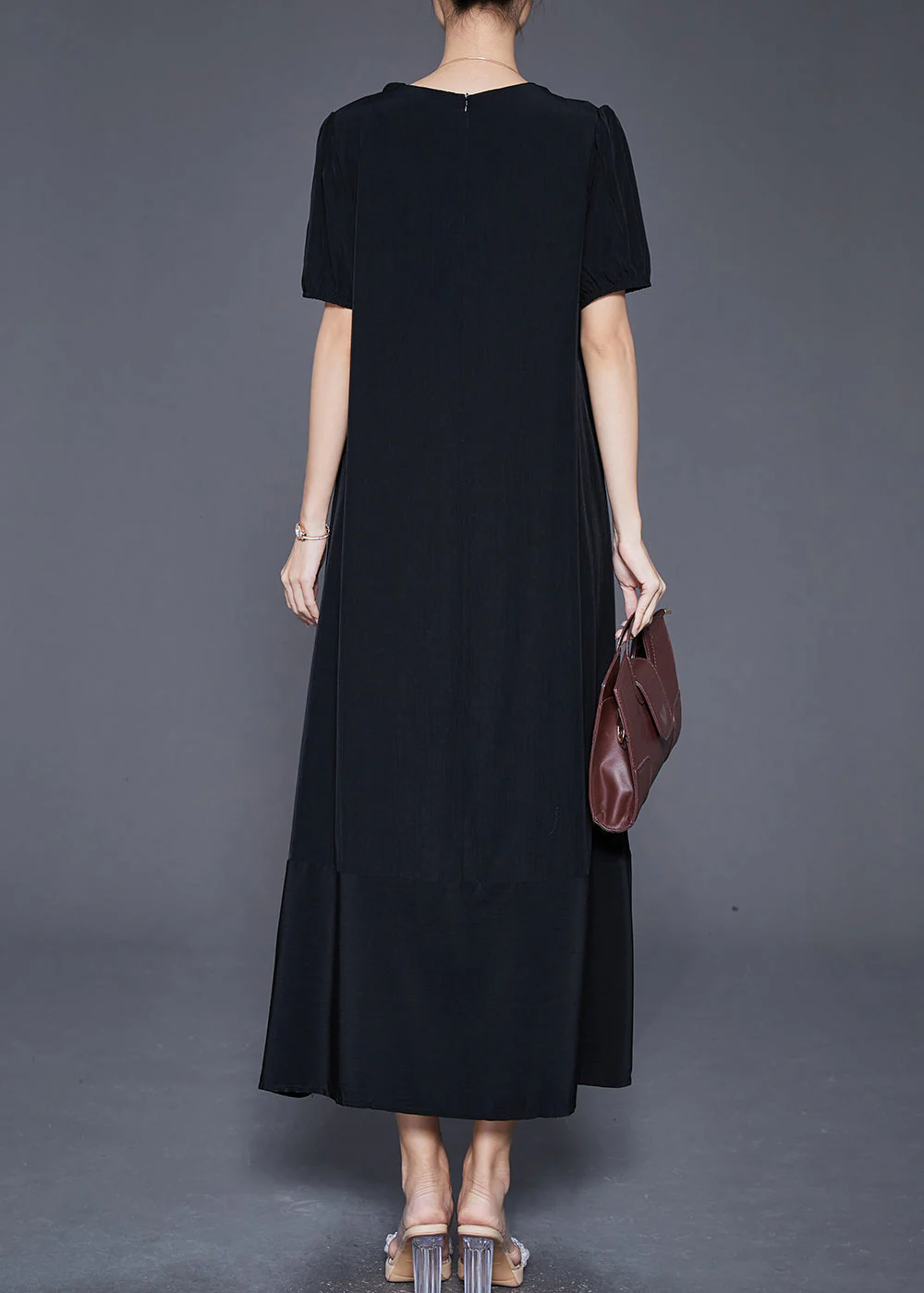 French Black V Neck Exra Large Hem Silk Ankle Dress Summer - Image 4