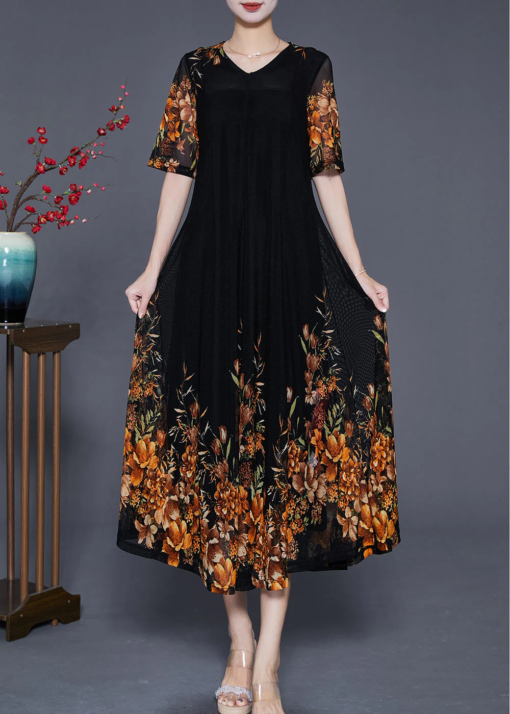 French Black V Neck Golden Floral Tulle Holiday Dress Summer - Image 2