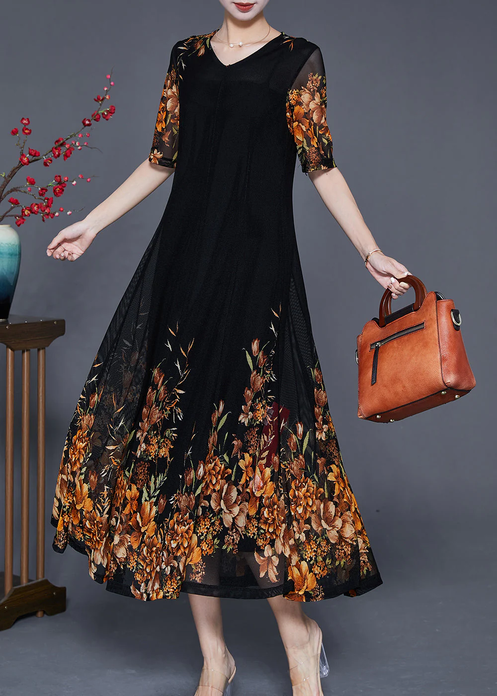 French Black V Neck Golden Floral Tulle Holiday Dress Summer - Image 3