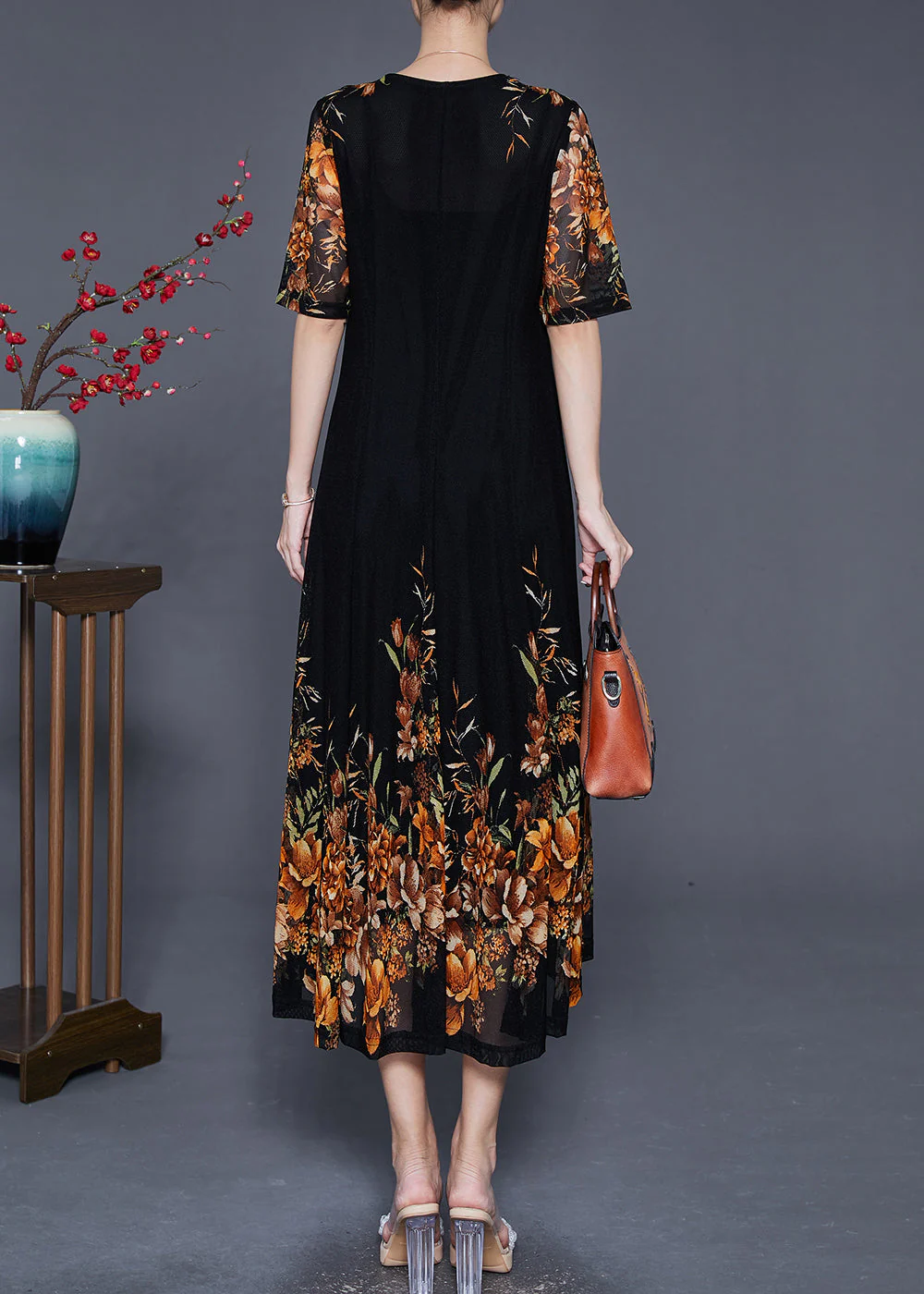 French Black V Neck Golden Floral Tulle Holiday Dress Summer - Image 4