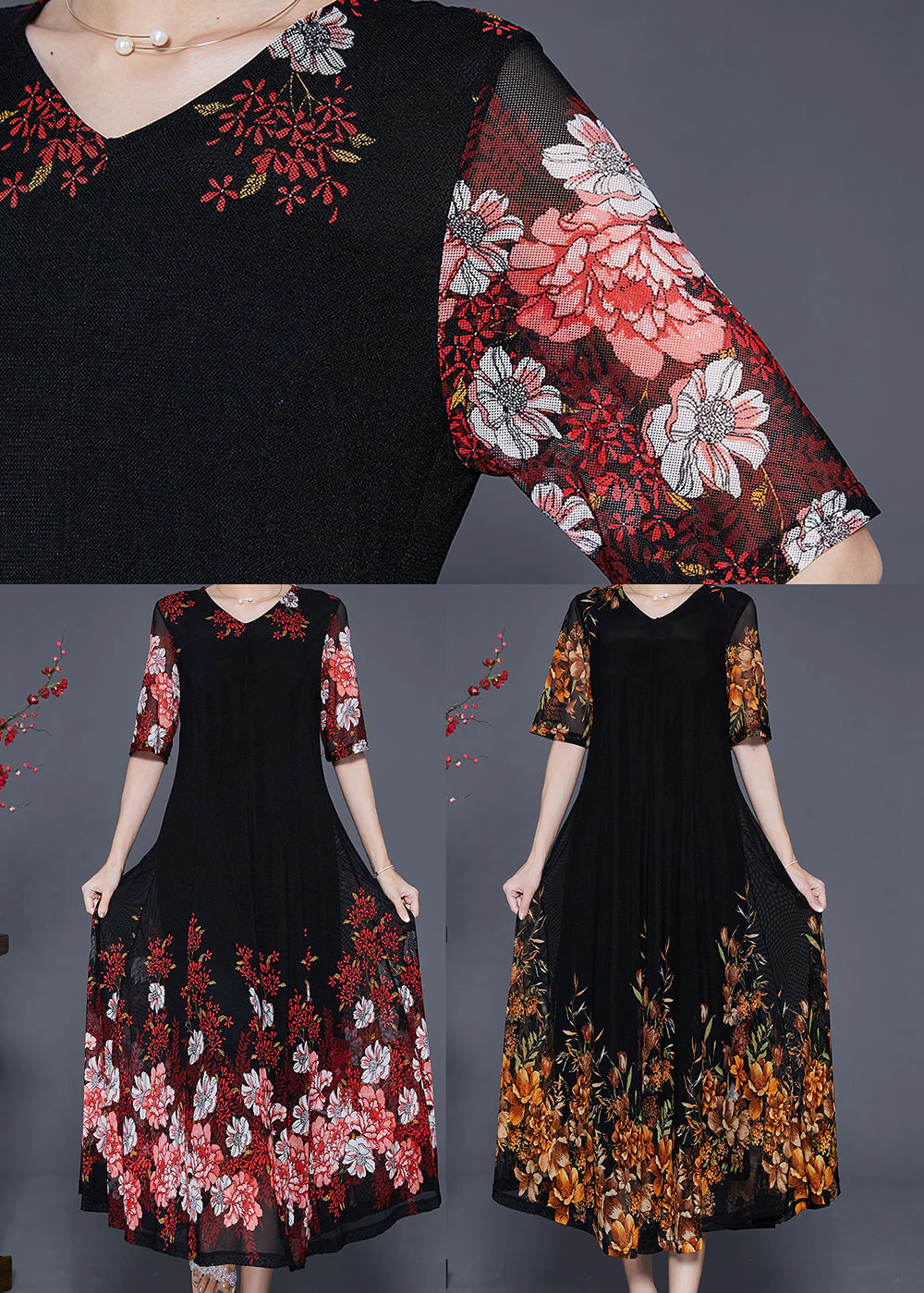 French Black V Neck Golden Floral Tulle Holiday Dress Summer - Image 5