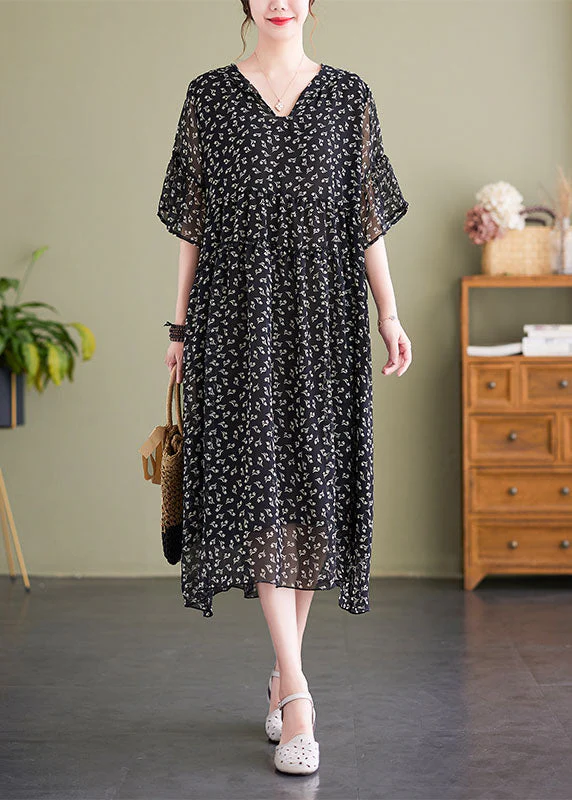 French Black V Neck Hooded Print Chiffon Dress Summer - Image 2