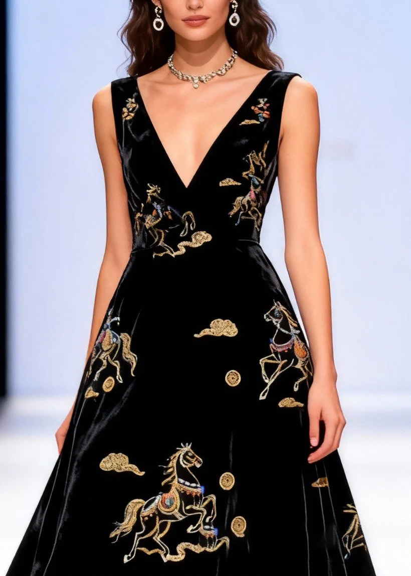 French Black V Neck Horse Lace Patchwork Silk Velvet Long Dress Sleeveless - Image 2