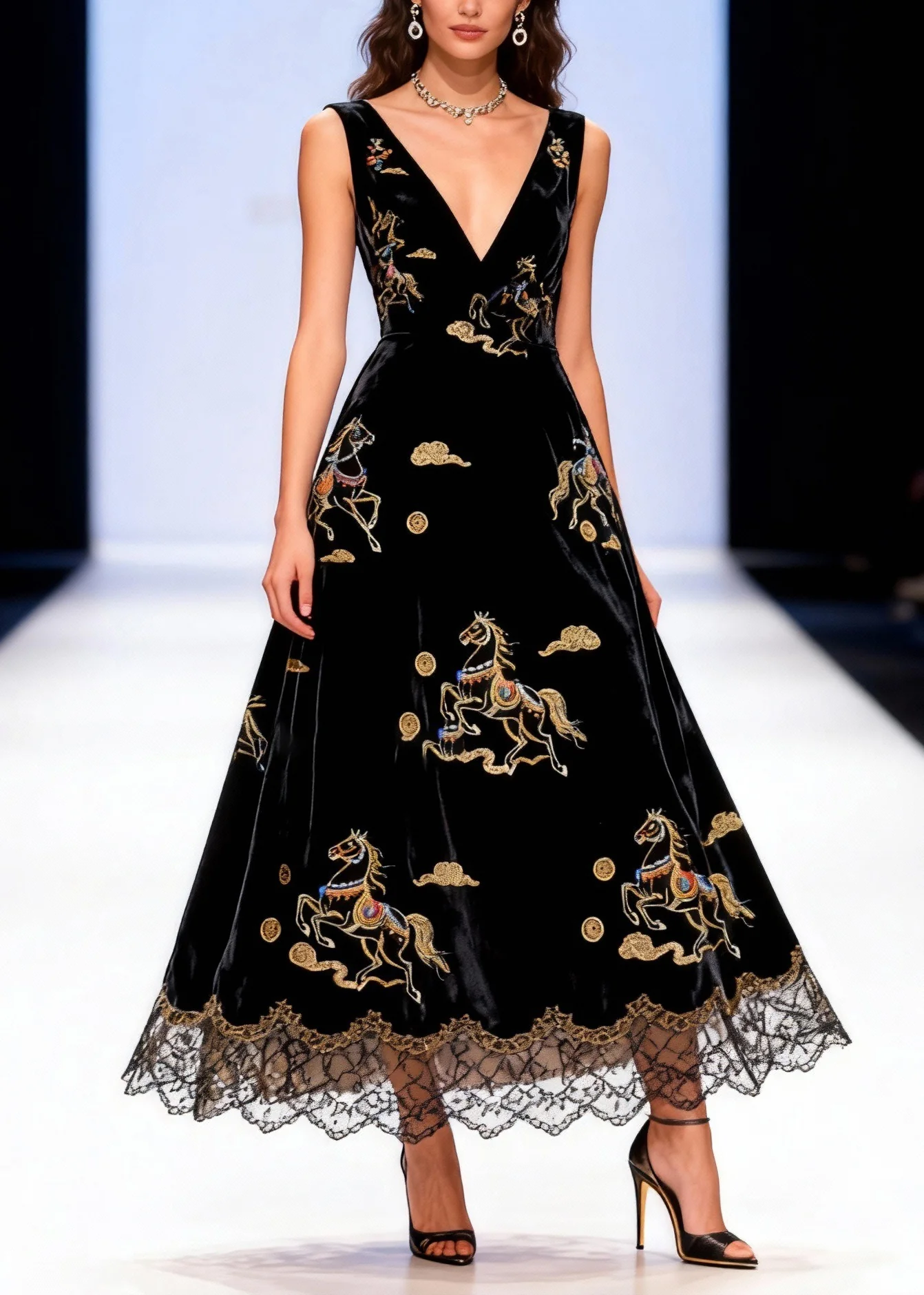 French Black V Neck Horse Lace Patchwork Silk Velvet Long Dress Sleeveless - Image 3