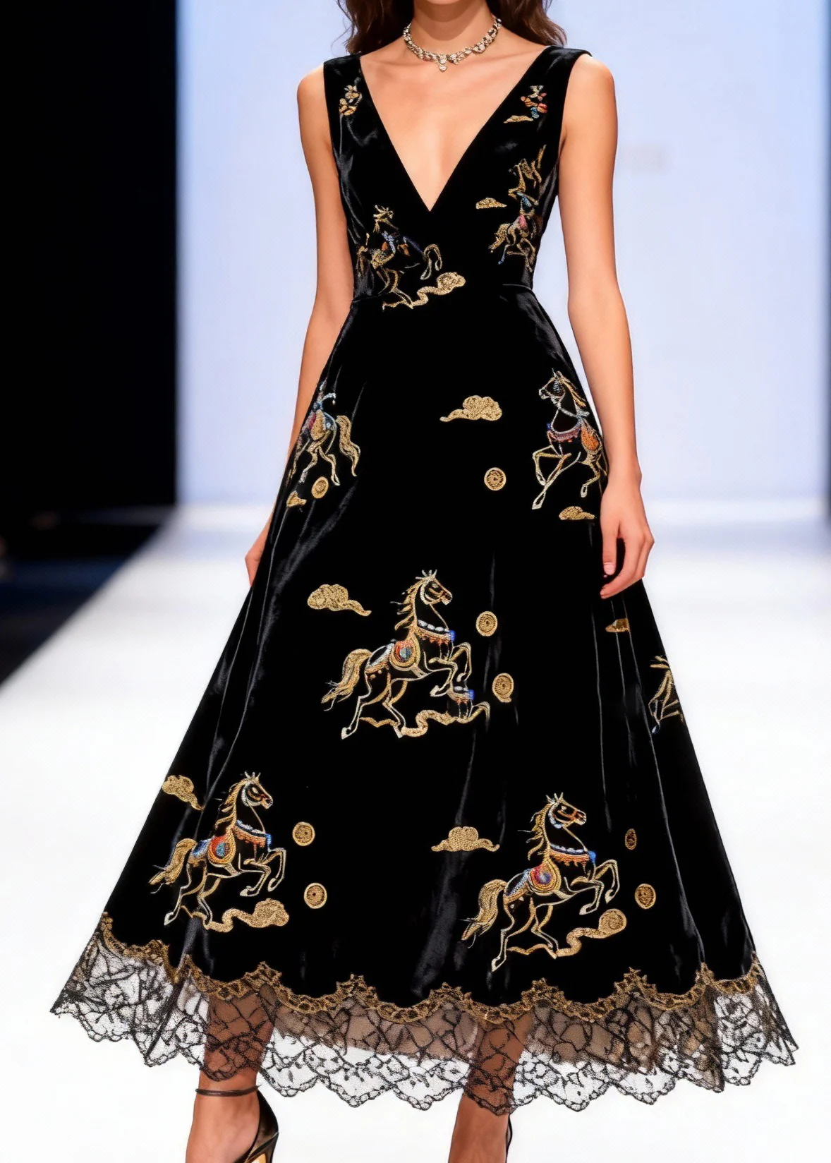 French Black V Neck Horse Lace Patchwork Silk Velvet Long Dress Sleeveless - Image 5