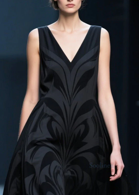 French Black V Neck Jacquard Chiffon Robe Dresses Summer - Image 2