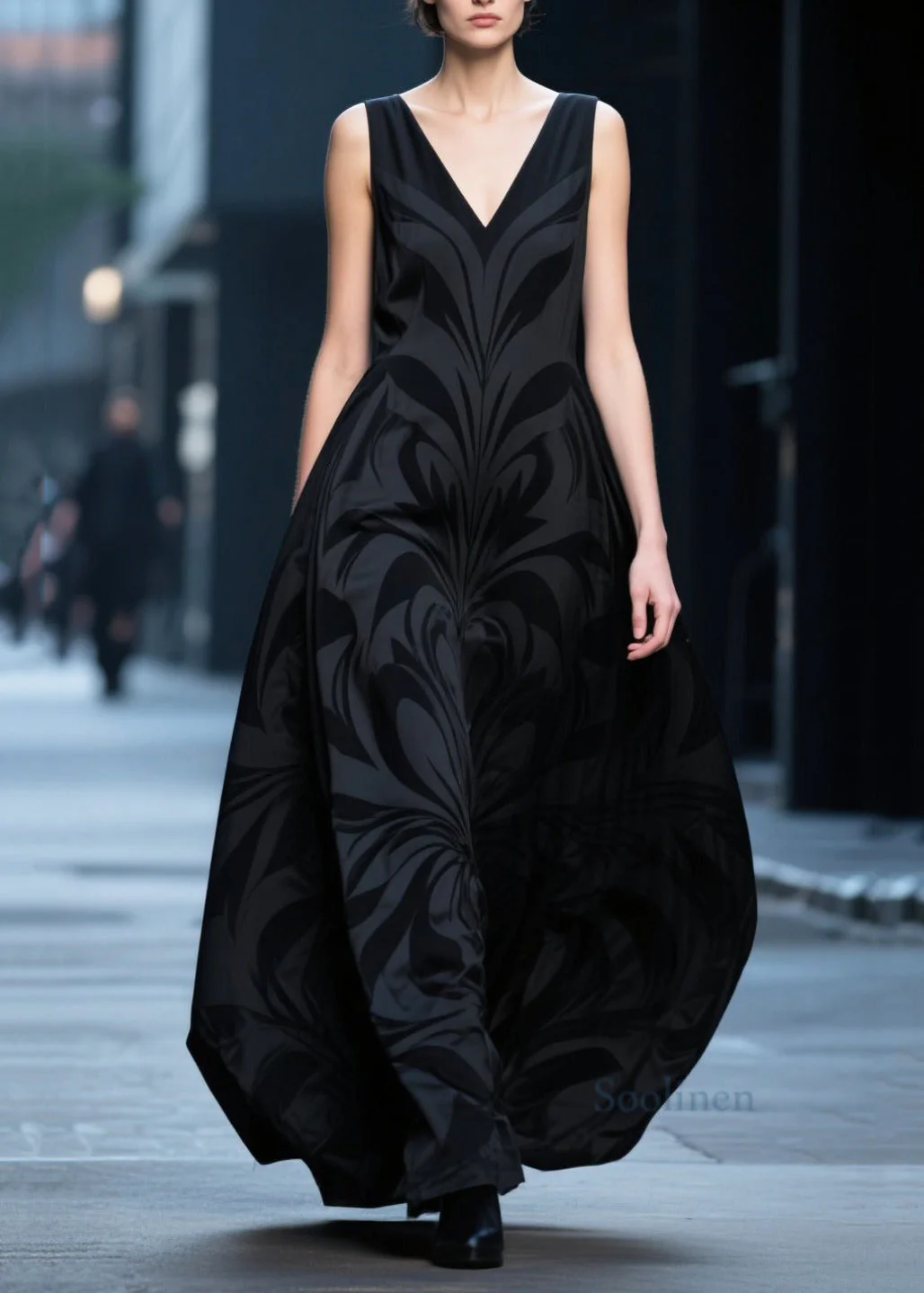 French Black V Neck Jacquard Chiffon Robe Dresses Summer - Image 5