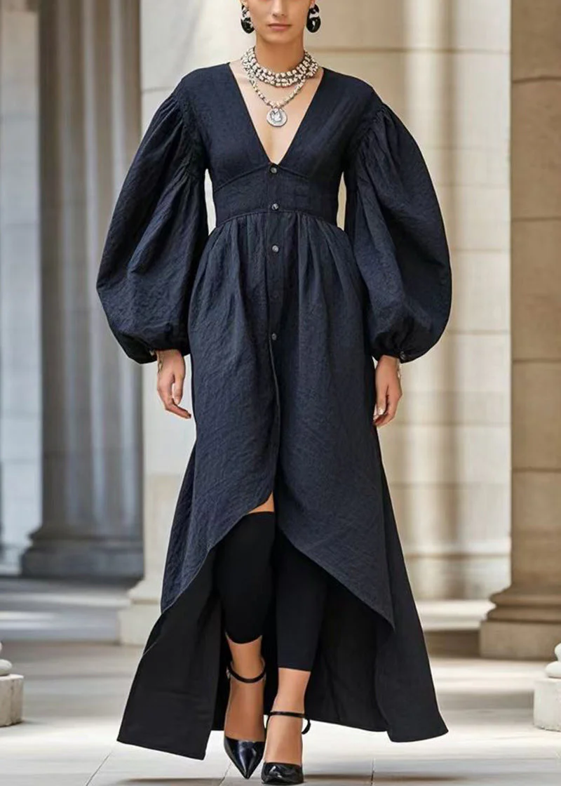 French Black V Neck Low High Design Silm Fit Cotton Dresses Fall - Image 3