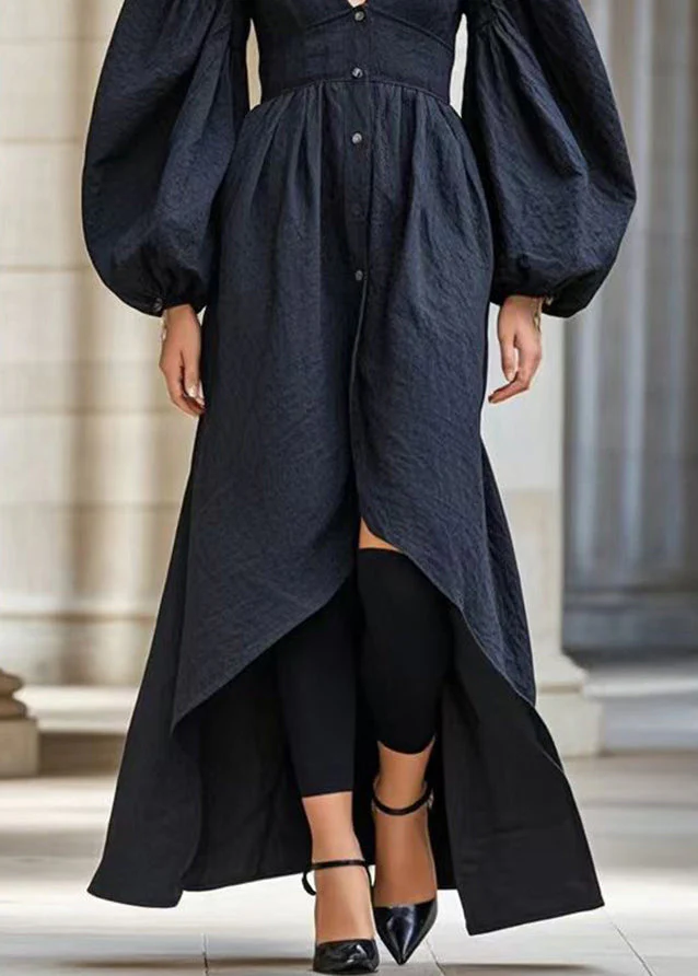 French Black V Neck Low High Design Silm Fit Cotton Dresses Fall - Image 4
