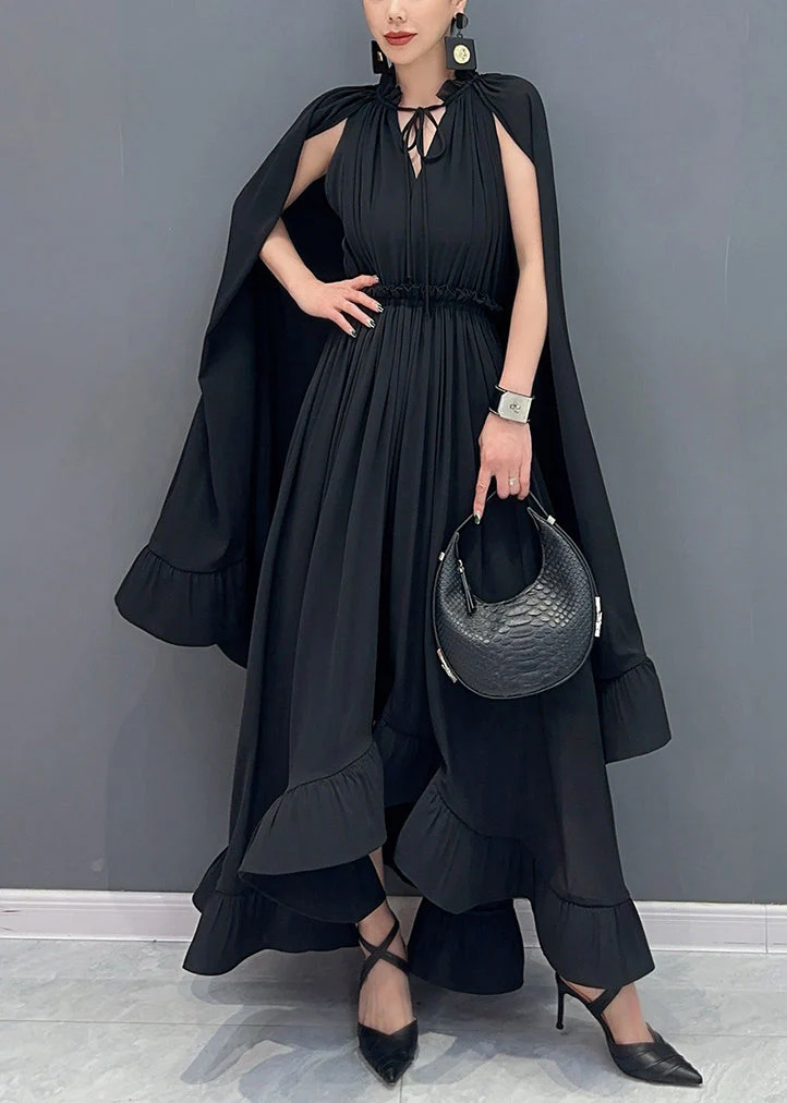 French Black V Neck Low High Design Vacation Chiffon Maxi Dresses Fall - Image 2