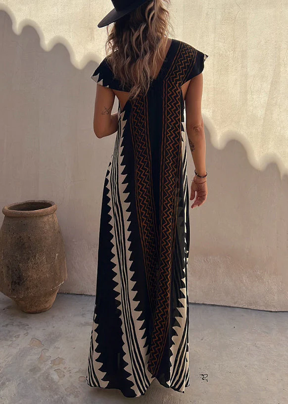 French Black V Neck Patchwork Chiffon Dress Summer - Image 4