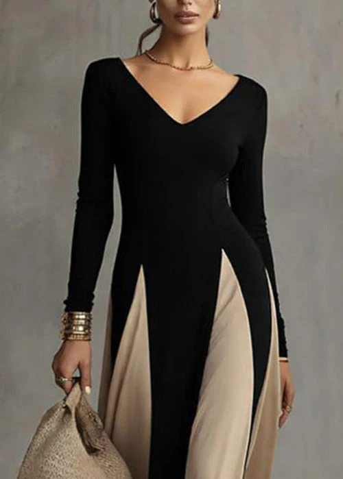 French Black V Neck Patchwork Cotton Long Dress Spring - Image 2