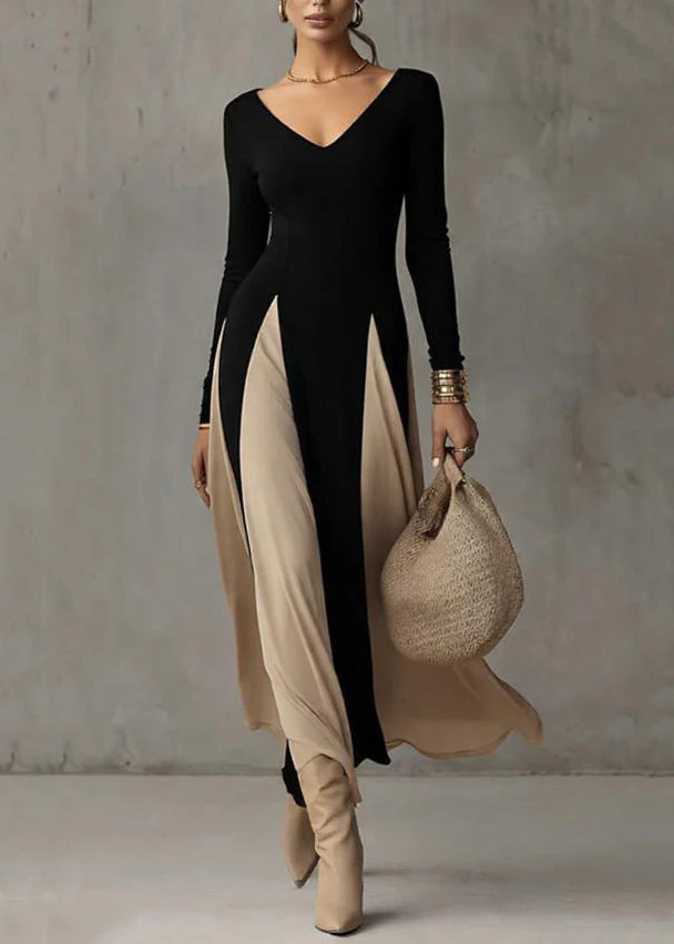 French Black V Neck Patchwork Cotton Long Dress Spring - Image 3