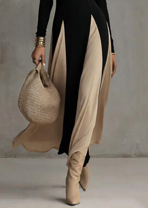 French Black V Neck Patchwork Cotton Long Dress Spring - Image 4