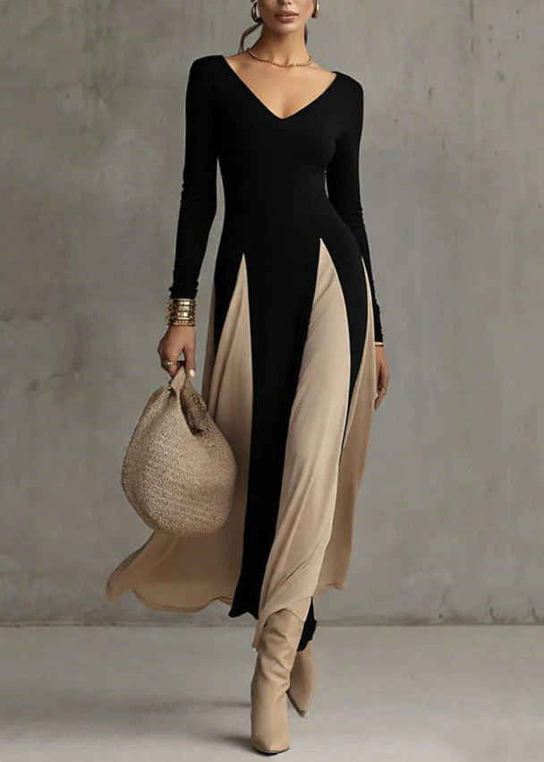 French Black V Neck Patchwork Cotton Long Dress Spring - Image 5