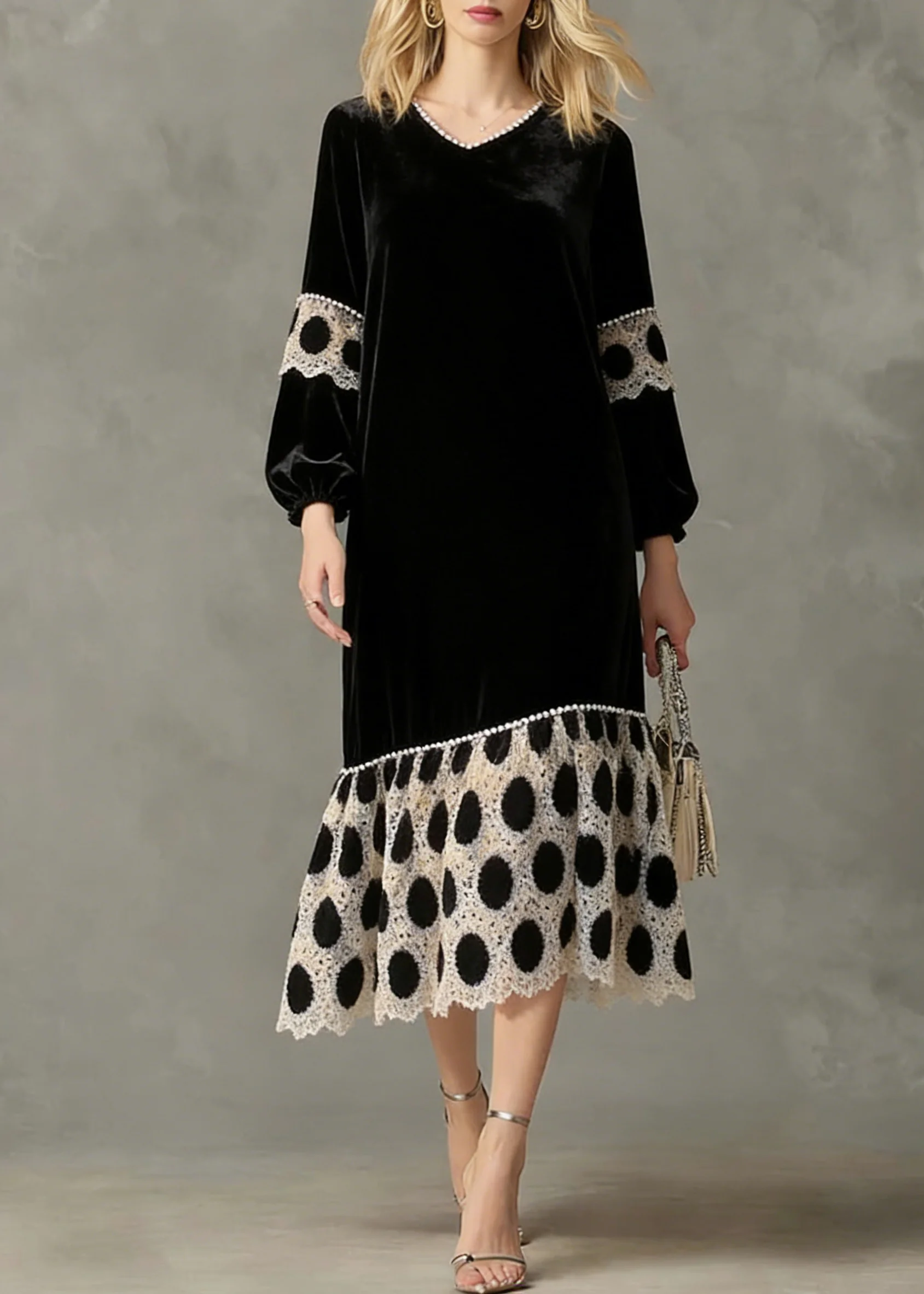 French Black V Neck Patchwork Silk Velvet Long Dress Spring - Image 3