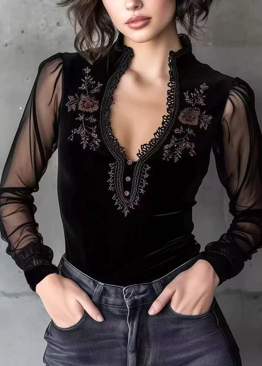 French Black V Neck Patchwork Velour Shirt Top Spring