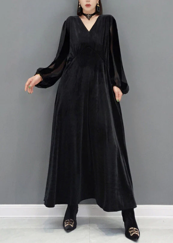 French Black V Neck Pocket Patchwork Velour Dress Autumn - Image 2