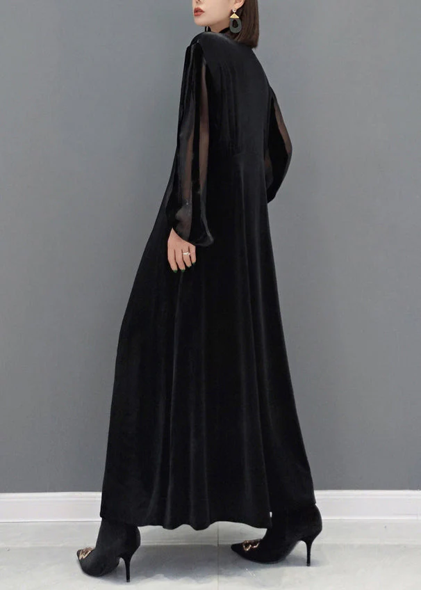 French Black V Neck Pocket Patchwork Velour Dress Autumn - Image 3