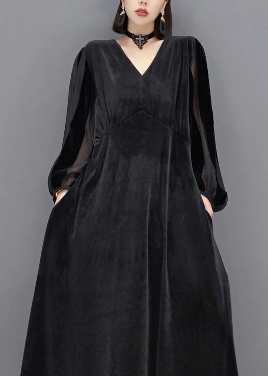 French Black V Neck Pocket Patchwork Velour Dress Autumn - Image 4