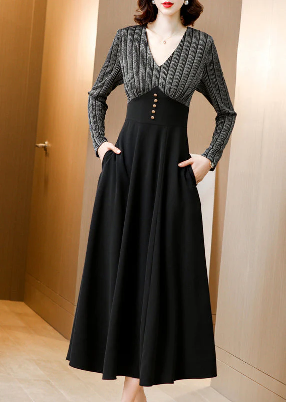 French Black V Neck Pockets Patchwork Slim Fit Cotton Dress Fall - Image 2