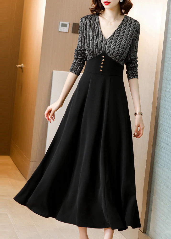 French Black V Neck Pockets Patchwork Slim Fit Cotton Dress Fall - Image 3