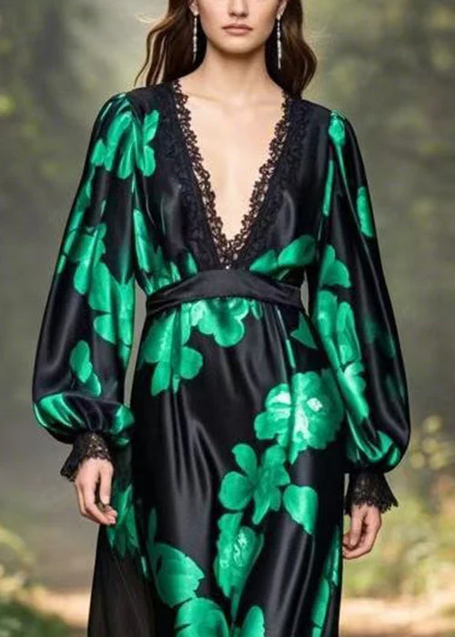 French Black V Neck Print High Waist Silk Party Dress Spring - Image 2