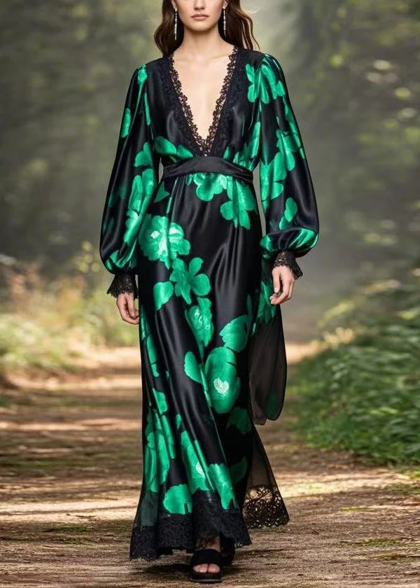 French Black V Neck Print High Waist Silk Party Dress Spring - Image 3