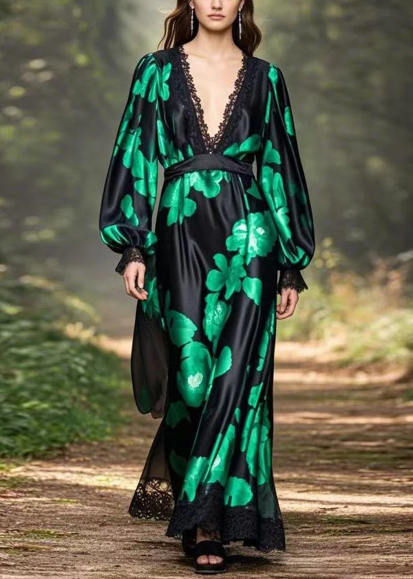 French Black V Neck Print High Waist Silk Party Dress Spring - Image 5