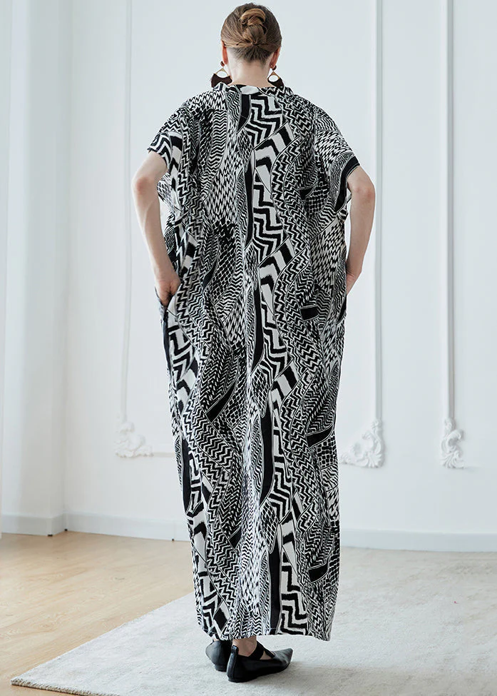 French Black V Neck Print Pockets Chiffon Robe Dresses Summer - Image 4
