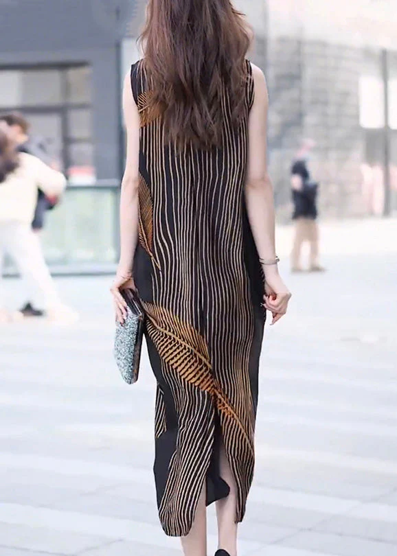 French Black V Neck Print Pockets Patchwork Silk Dresses Sleeveless - Image 3